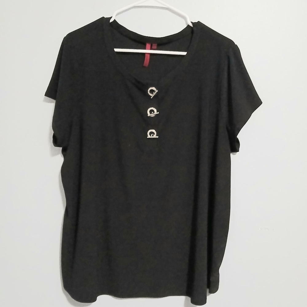 Love Scarlett Black Short-Sleeve V-Neck Top with Decorative Buttons